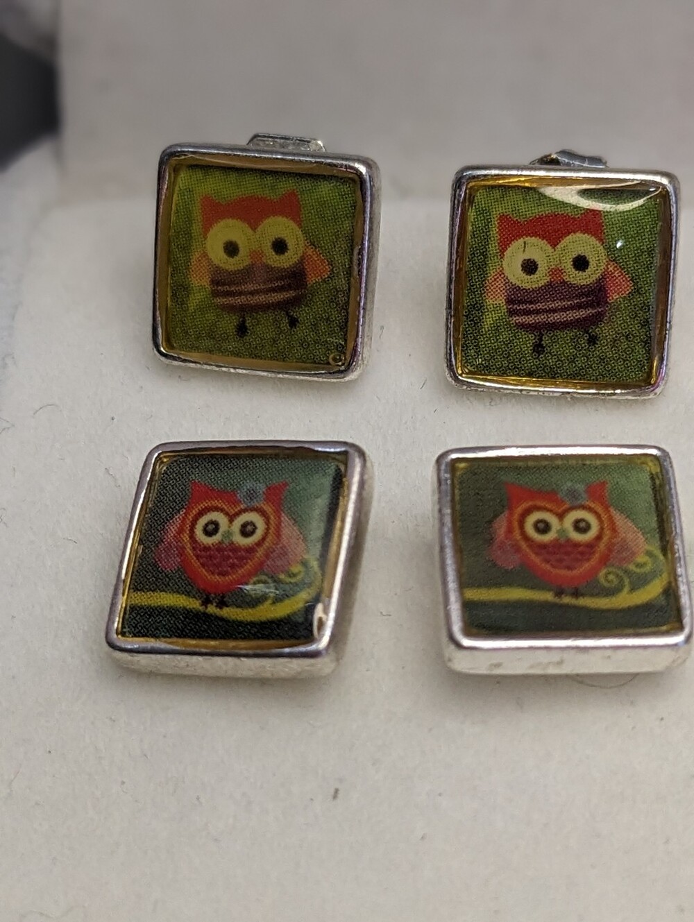 Vintage Owl Art Earrings Whimsical Square Colorful Lightweight Cute 2 Sets